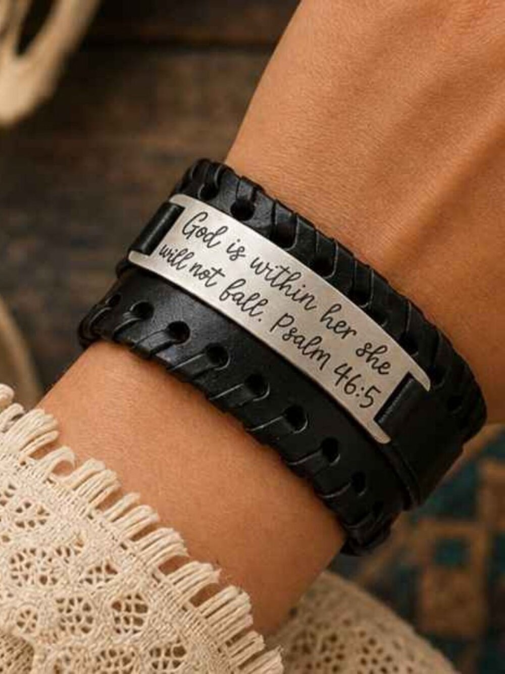 Western Luxe Bracelet — “God Is Within Her” Leather Strap